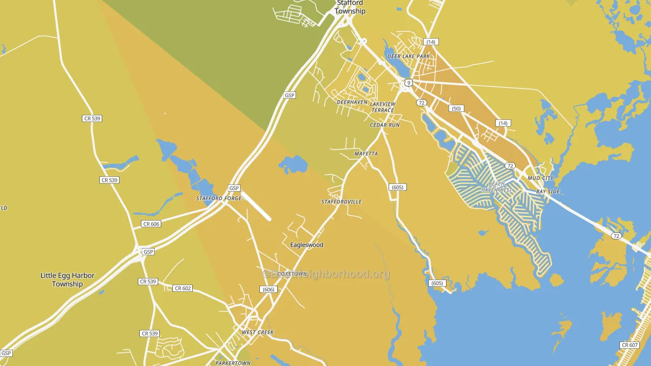 Map of the best neighborhoods in the West Creek area, with better matches in green and worse matches in red