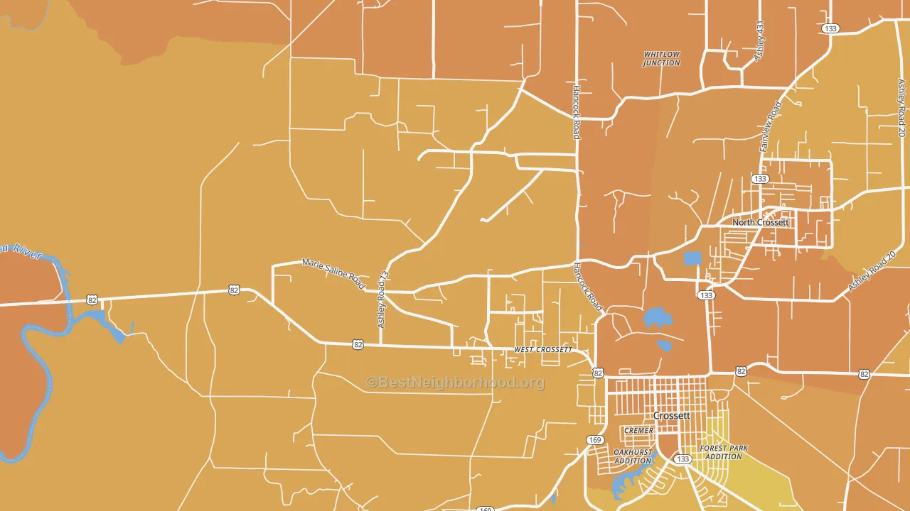 Map of the best neighborhoods in the West Crossett area, with better matches in green and worse matches in red