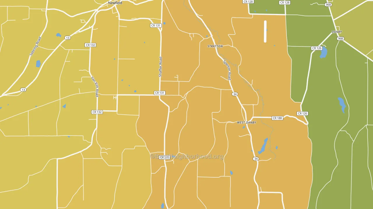 Map of the best neighborhoods in the West Danby area, with better matches in green and worse matches in red
