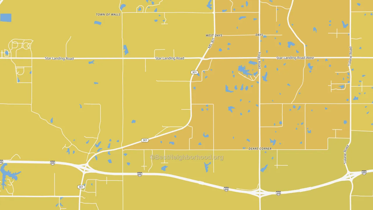 Map of the best neighborhoods in the West Days area, with better matches in green and worse matches in red