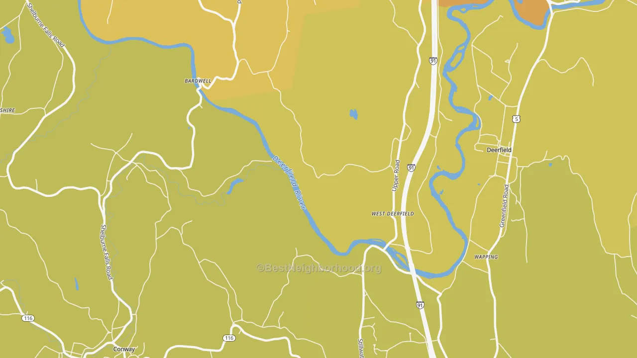 Map of the best neighborhoods in the West Deerfield area, with better matches in green and worse matches in red