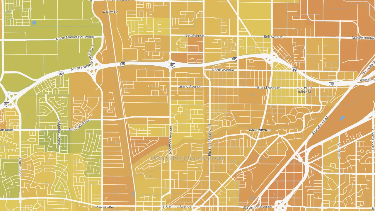 Map of the best neighborhoods in the West del Paso Heights, Sacramento area, with better matches in green and worse matches in red