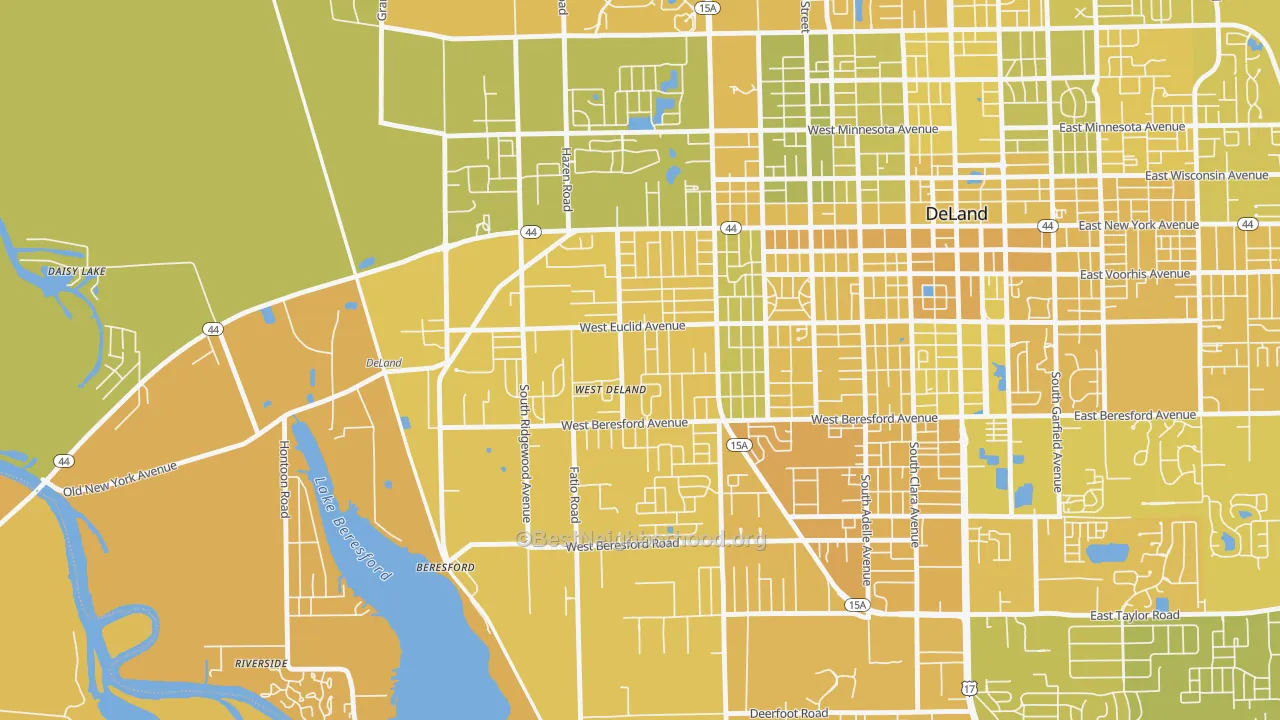 Map of the best neighborhoods in the West DeLand area, with better matches in green and worse matches in red