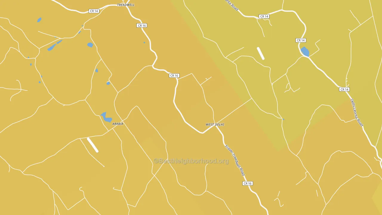 Map of the best neighborhoods in the West Delhi area, with better matches in green and worse matches in red