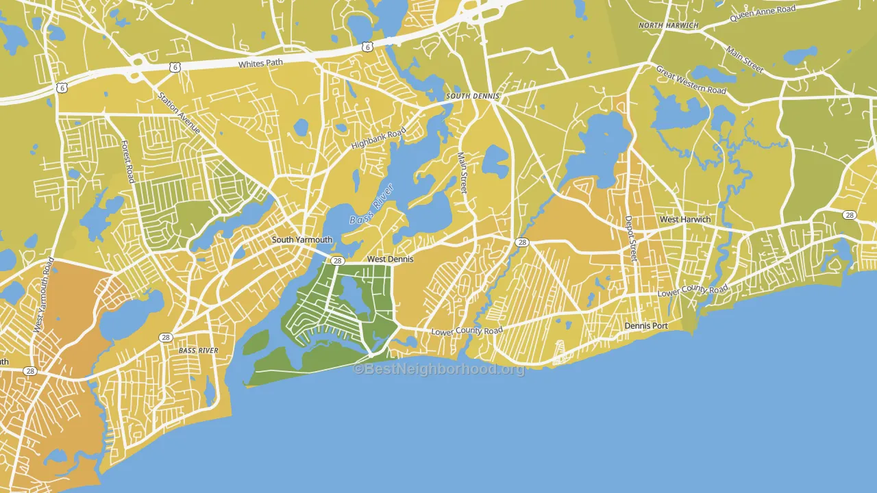Map of the best neighborhoods in the West Dennis area, with better matches in green and worse matches in red