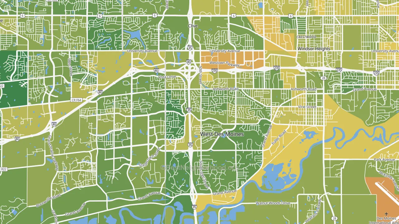 Map of the best neighborhoods in the West Des Moines area, with better matches in green and worse matches in red