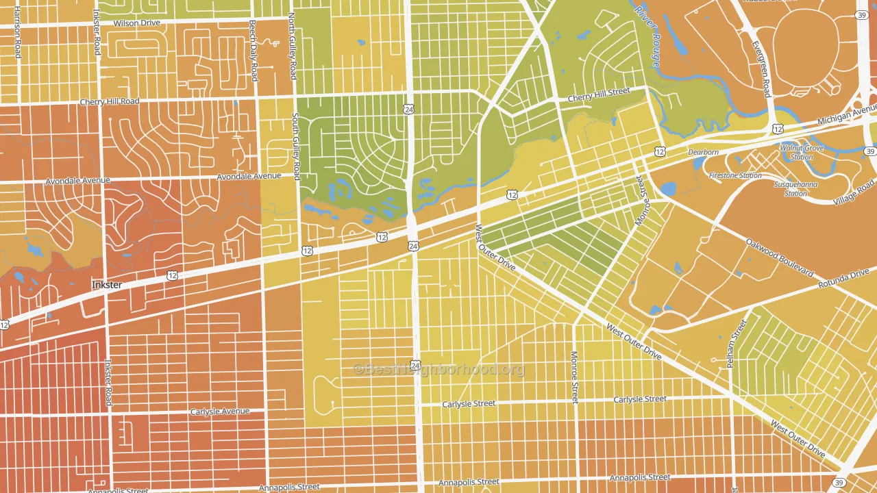 Map of the best neighborhoods in the West Downtown Dearborn, Dearborn area, with better matches in green and worse matches in red