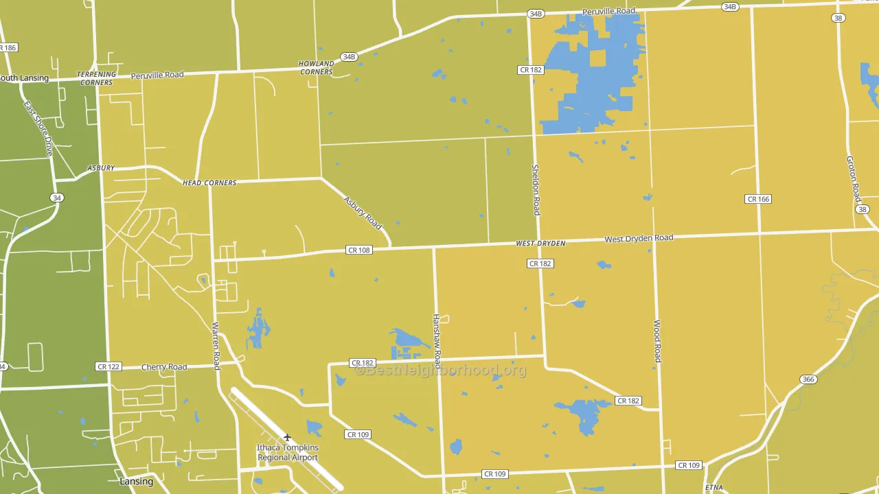 Map of the best neighborhoods in the West Dryden area, with better matches in green and worse matches in red