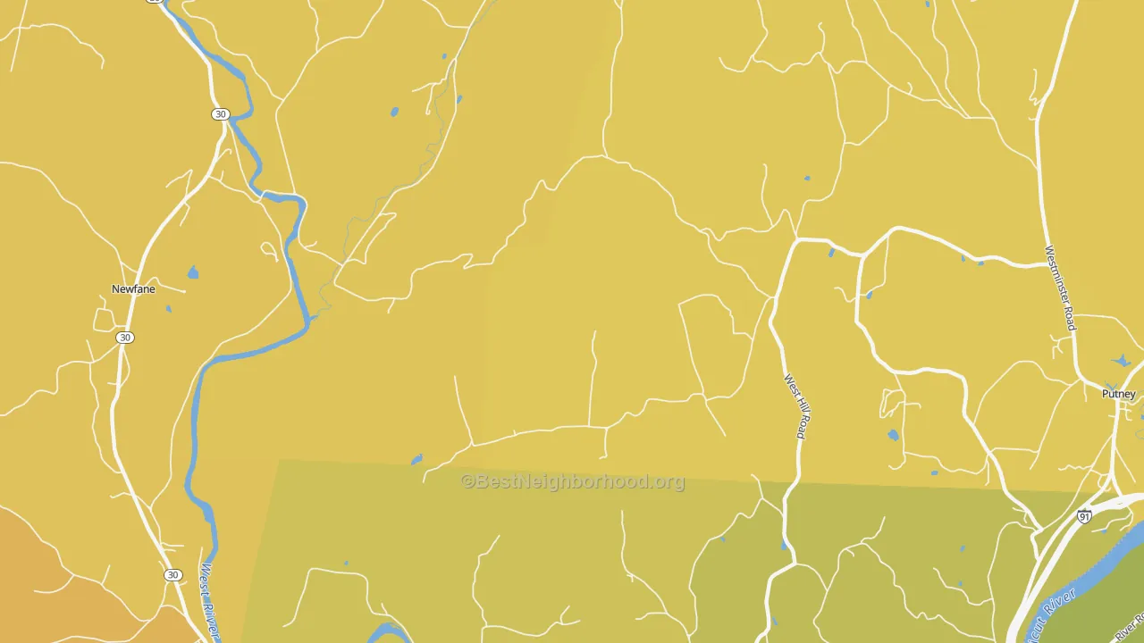 Map of the best neighborhoods in the West Dummerston area, with better matches in green and worse matches in red