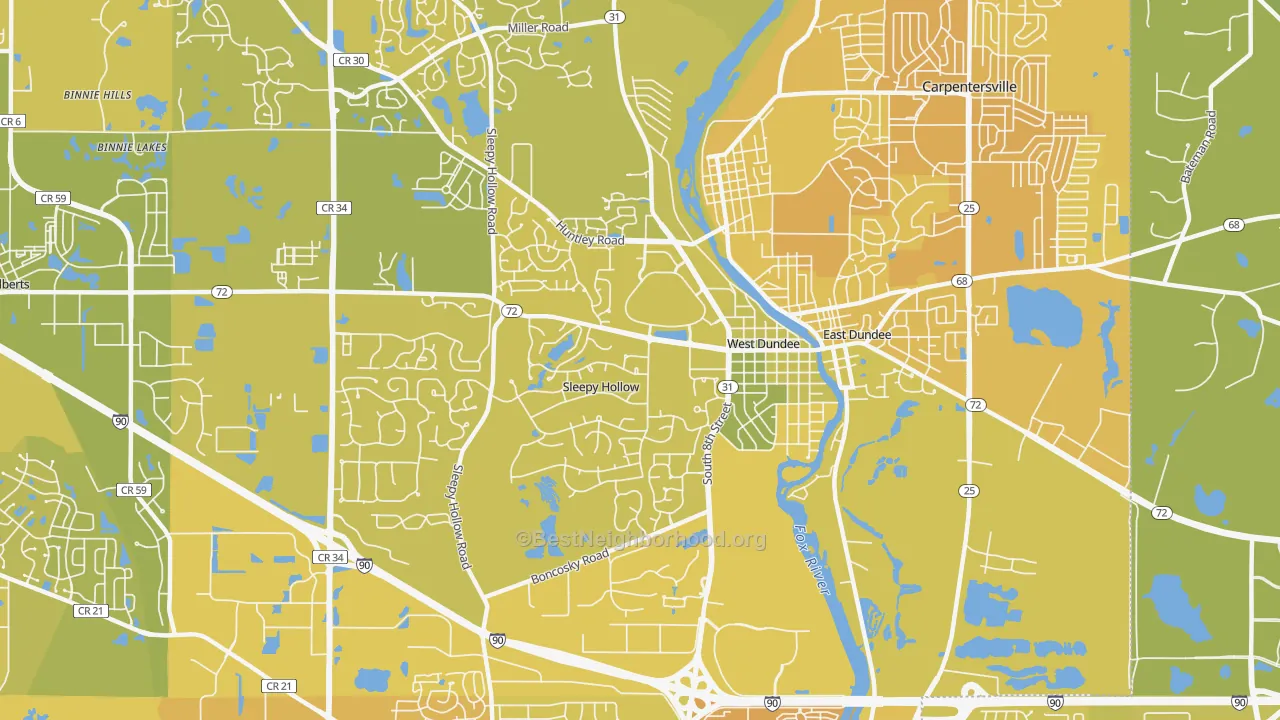 Map of the best neighborhoods in the West Dundee area, with better matches in green and worse matches in red
