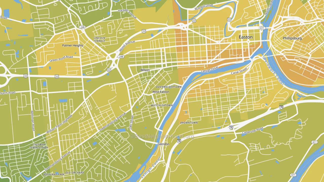 Map of the best neighborhoods in the West Easton area, with better matches in green and worse matches in red