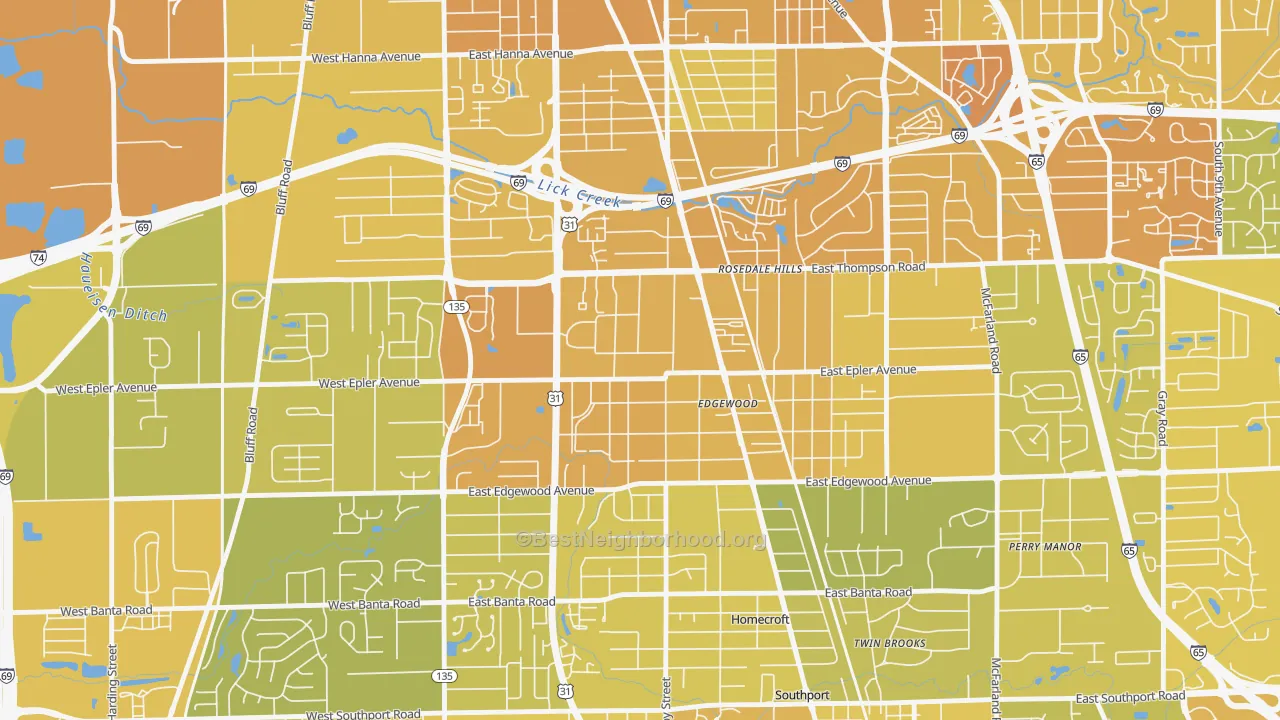 Map of the best neighborhoods in the West Edgewood, Indianapolis area, with better matches in green and worse matches in red