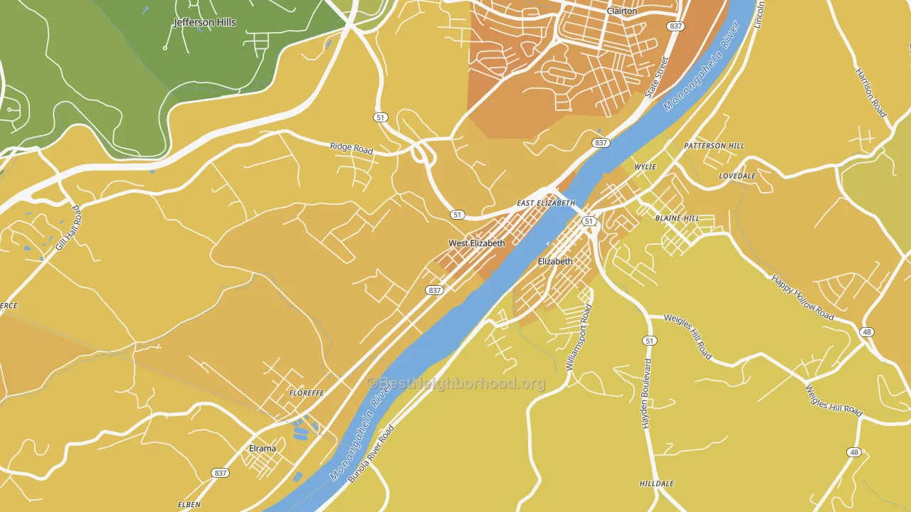 Map of the best neighborhoods in the West Elizabeth area, with better matches in green and worse matches in red