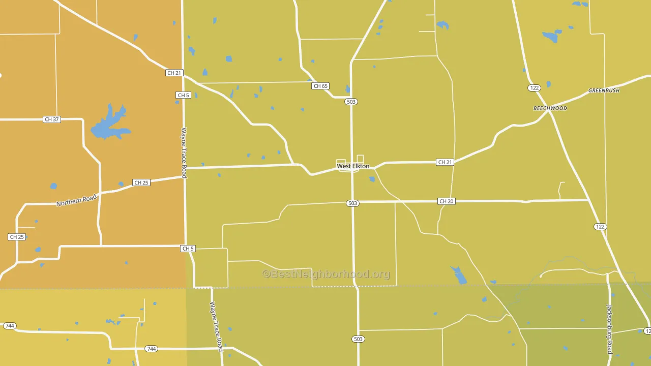 Map of the best neighborhoods in the West Elkton area, with better matches in green and worse matches in red