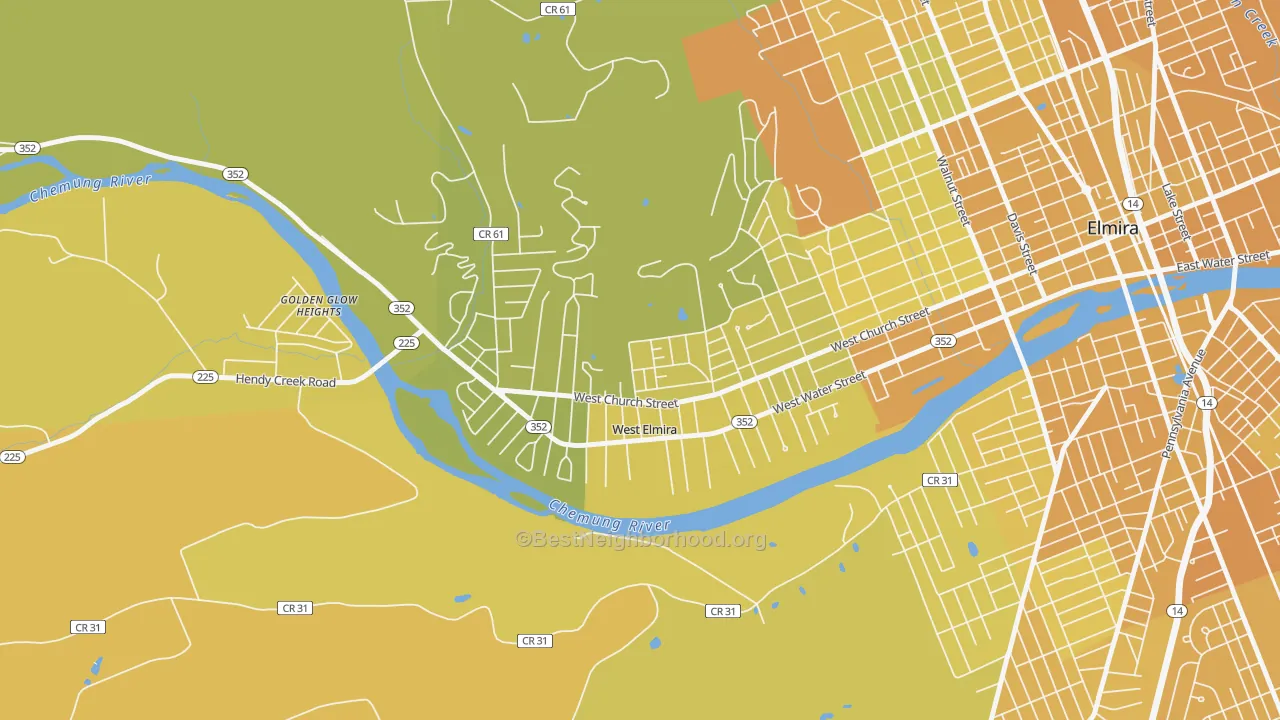 Map of the best neighborhoods in the West Elmira area, with better matches in green and worse matches in red