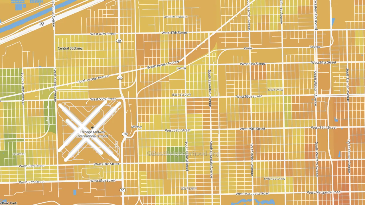 Map of the best neighborhoods in the West Elsdon, Chicago area, with better matches in green and worse matches in red