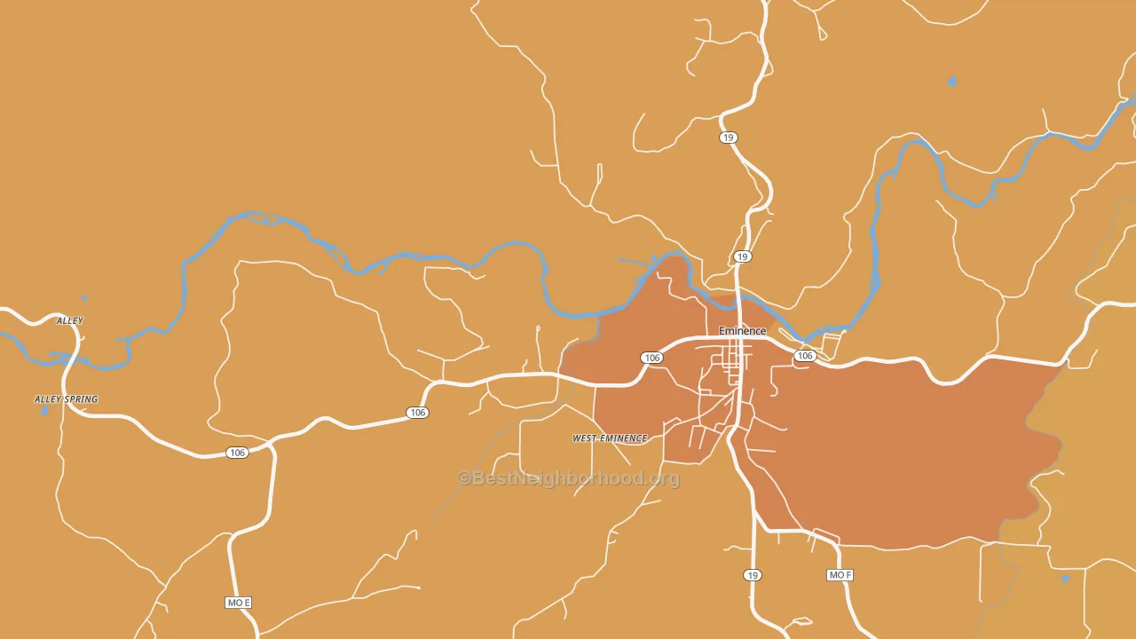 Map of the best neighborhoods in the West Eminence area, with better matches in green and worse matches in red