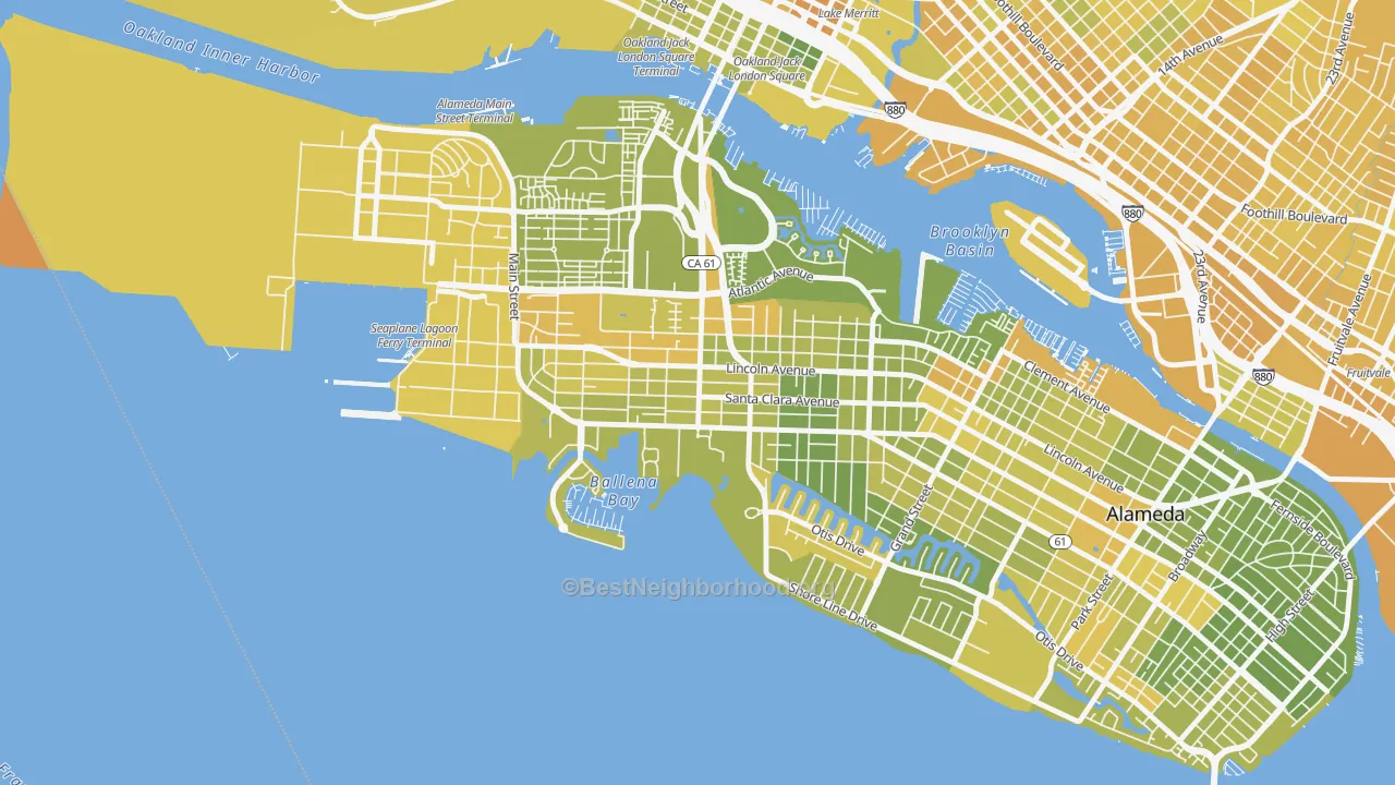 Map of the best neighborhoods in the West End, Alameda area, with better matches in green and worse matches in red