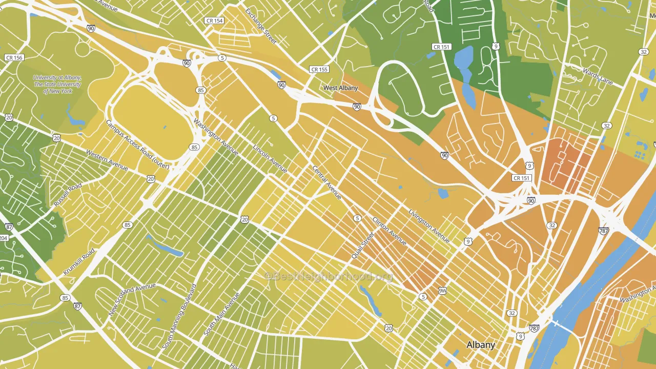 Map of the best neighborhoods in the West End, Albany area, with better matches in green and worse matches in red