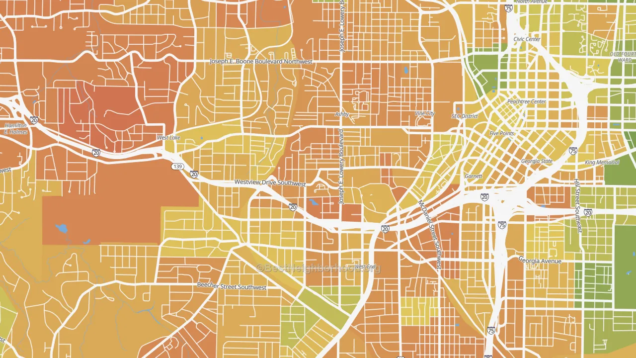 Map of the best neighborhoods in the West End, Atlanta area, with better matches in green and worse matches in red