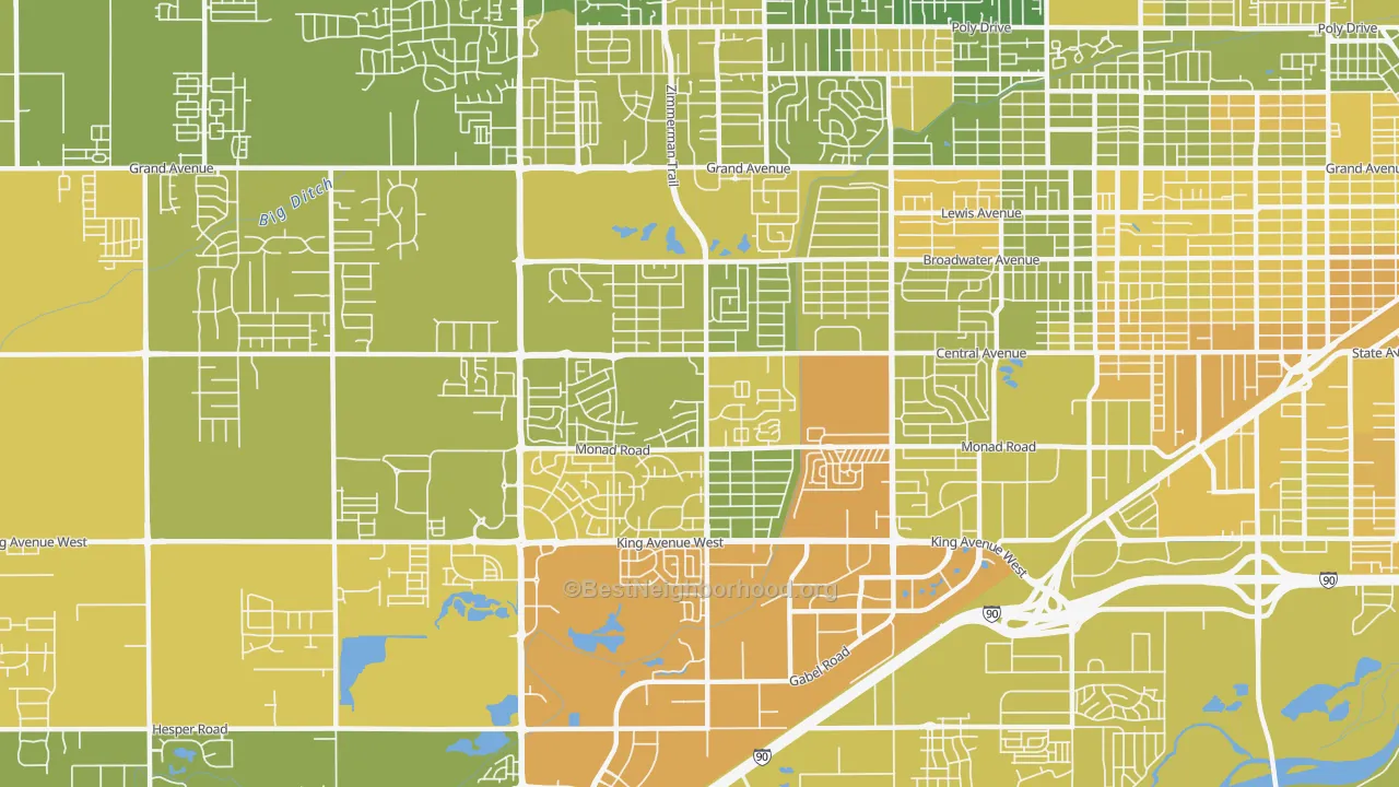 Map of the best neighborhoods in the West End, Billings area, with better matches in green and worse matches in red