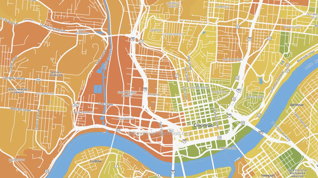 Map of the best neighborhoods in the West End, Cincinnati area, with better matches in green and worse matches in red