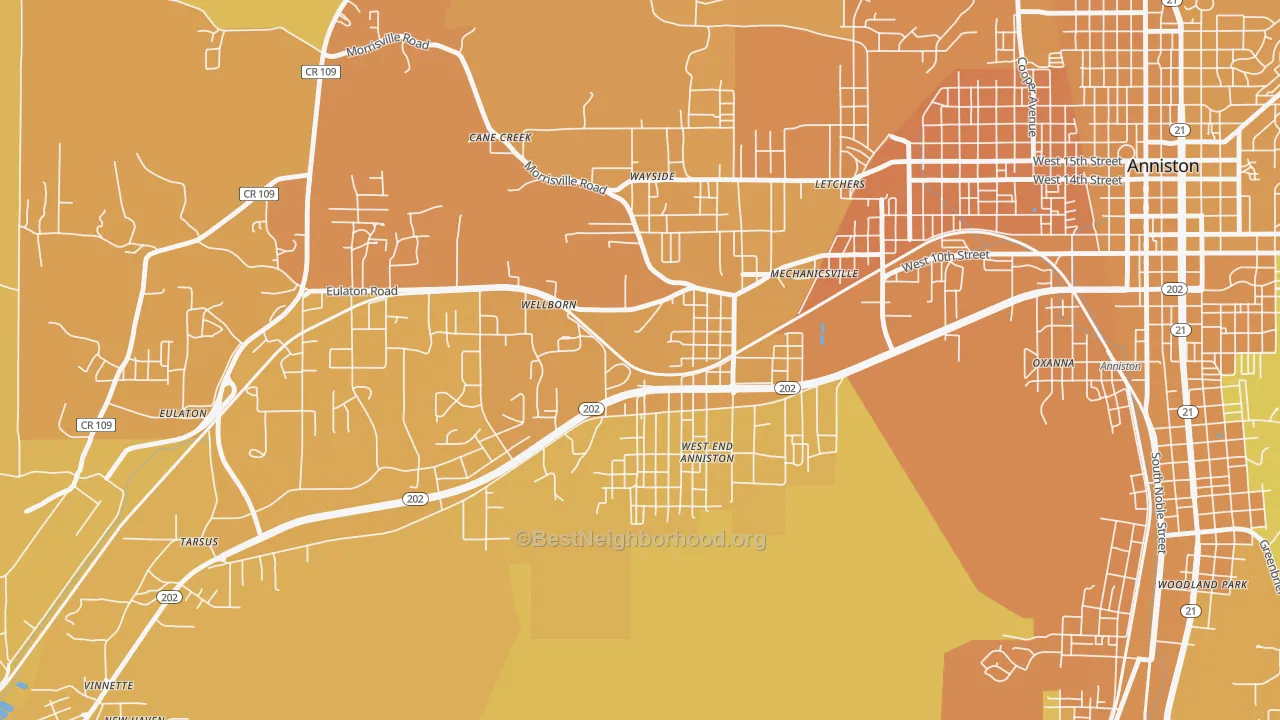 Map of the best neighborhoods in the West End-Cobb Town area, with better matches in green and worse matches in red