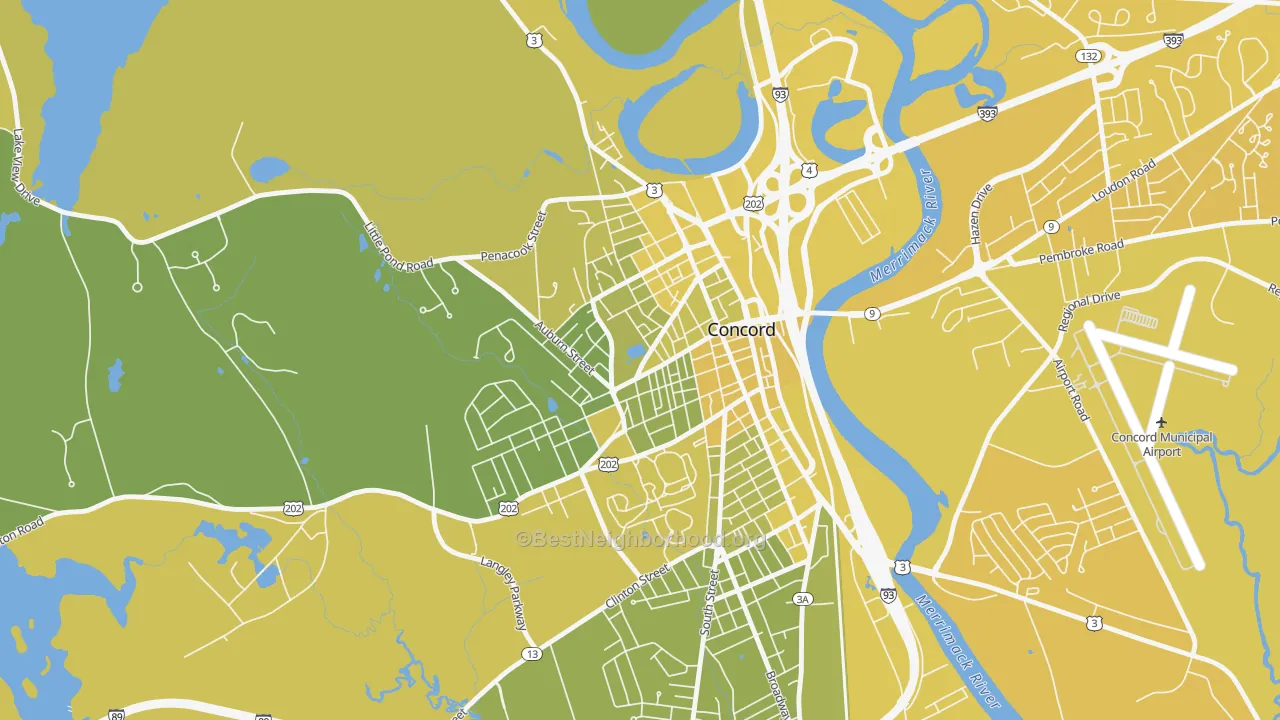 Map of the best neighborhoods in the West End, Concord area, with better matches in green and worse matches in red
