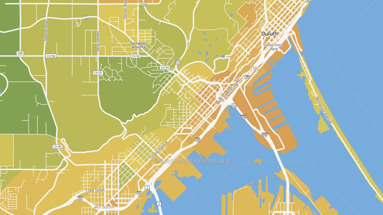 Map of the best neighborhoods in the West End, Duluth area, with better matches in green and worse matches in red
