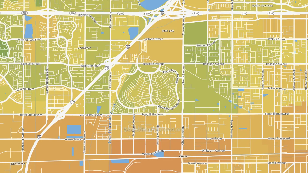 Map of the best neighborhoods in the West End, Fontana area, with better matches in green and worse matches in red