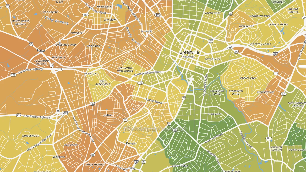 Map of the best neighborhoods in the West End, Greenville area, with better matches in green and worse matches in red