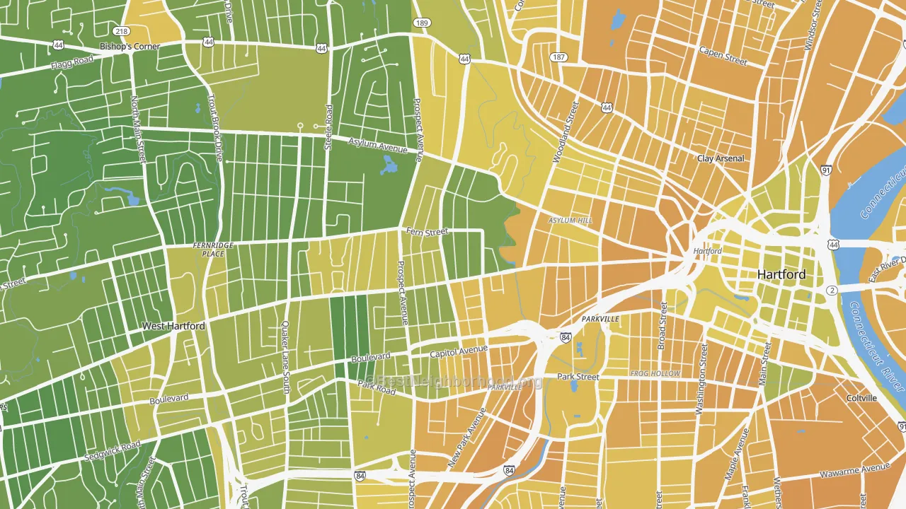 Map of the best neighborhoods in the West End, Hartford area, with better matches in green and worse matches in red
