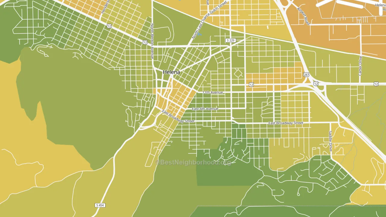 Map of the best neighborhoods in the West End Helena, Helena area, with better matches in green and worse matches in red
