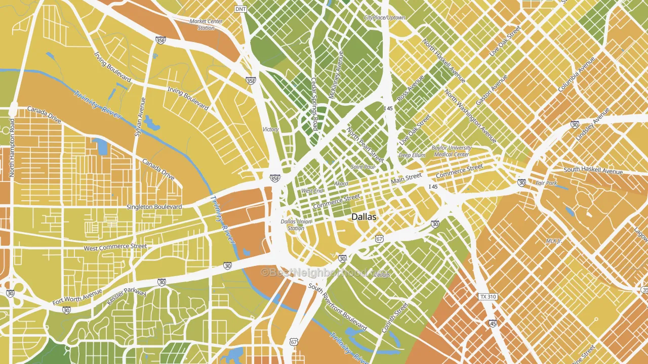 Map of the best neighborhoods in the West End Historic District, Dallas area, with better matches in green and worse matches in red