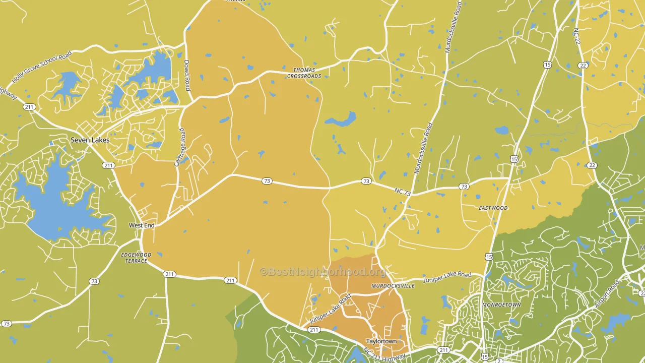 Map of the best neighborhoods in the West End area, with better matches in green and worse matches in red