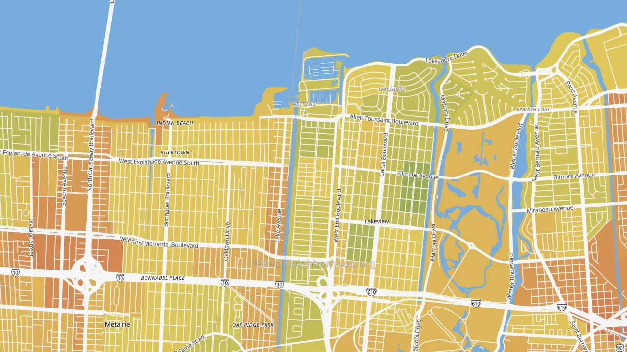Map of the best neighborhoods in the West End, New Orleans area, with better matches in green and worse matches in red