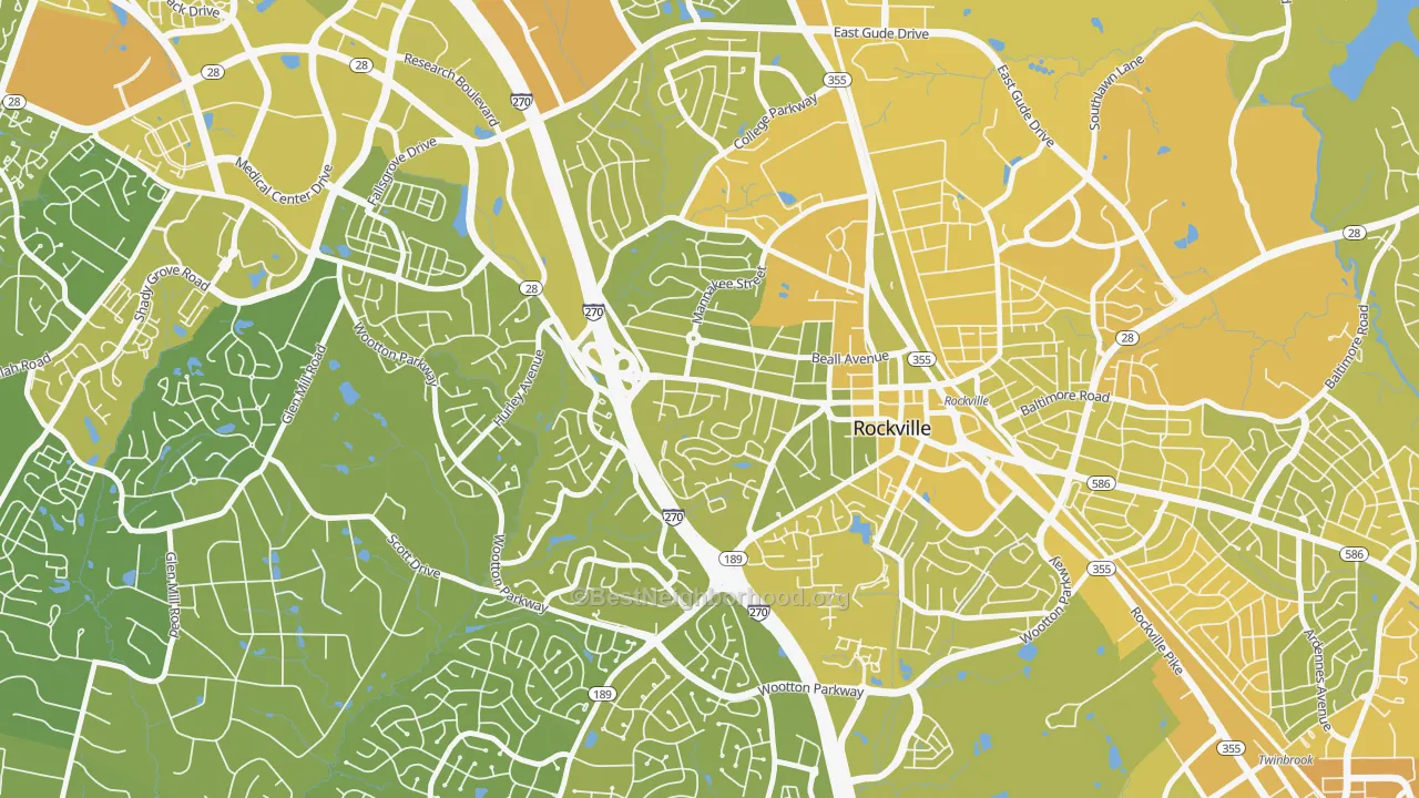 Map of the best neighborhoods in the West End Park, Rockville area, with better matches in green and worse matches in red