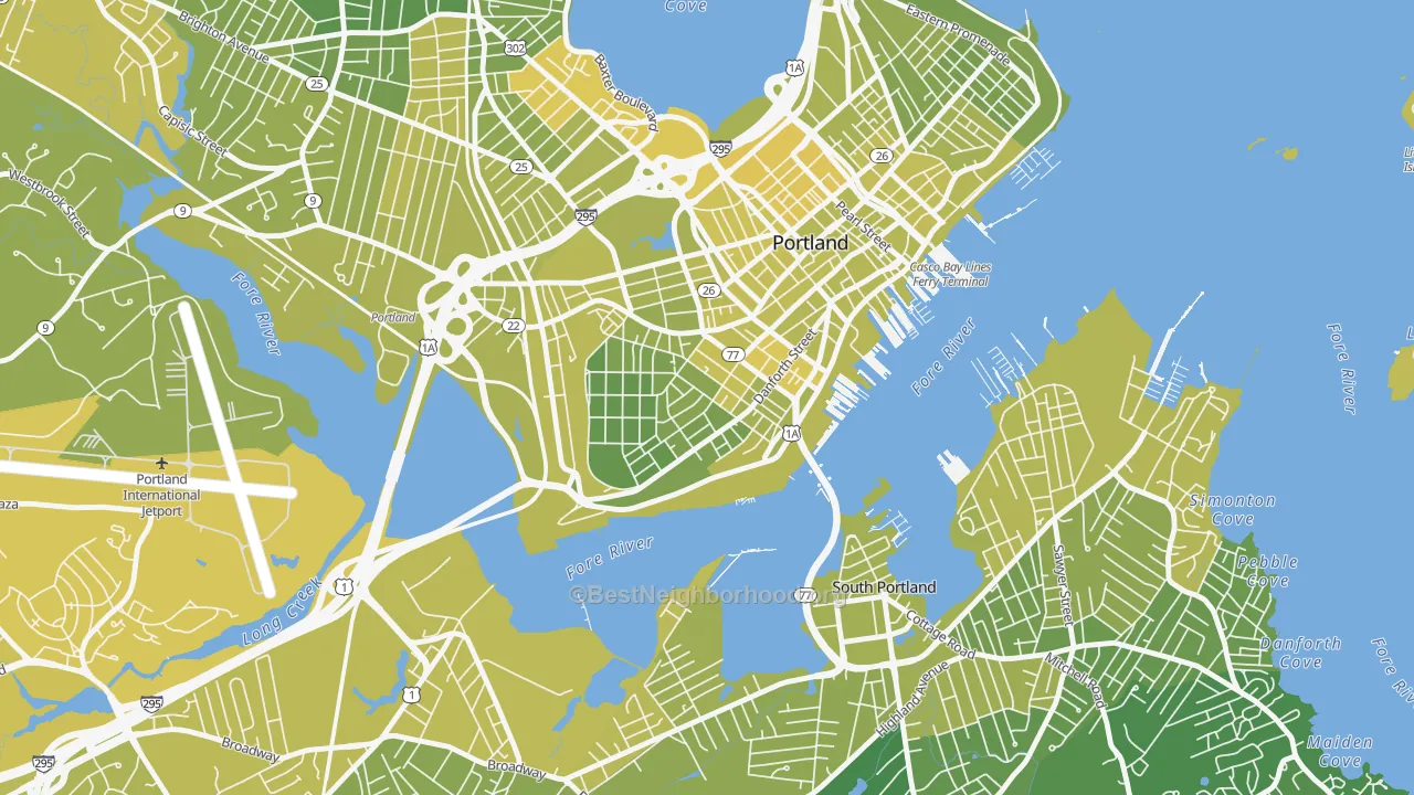 Map of the best neighborhoods in the West End, Portland area, with better matches in green and worse matches in red