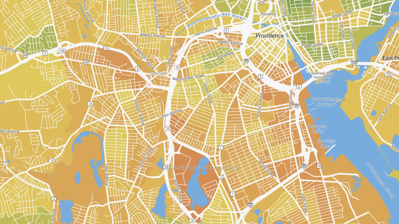 Map of the best neighborhoods in the West End, Providence area, with better matches in green and worse matches in red