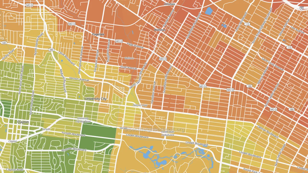Map of the best neighborhoods in the West End, St. Louis area, with better matches in green and worse matches in red