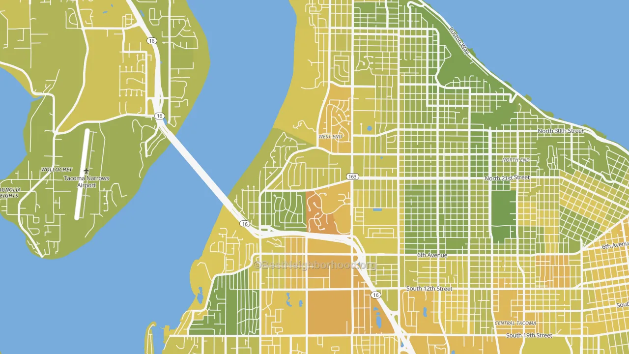 Map of the best neighborhoods in the West End, Tacoma area, with better matches in green and worse matches in red