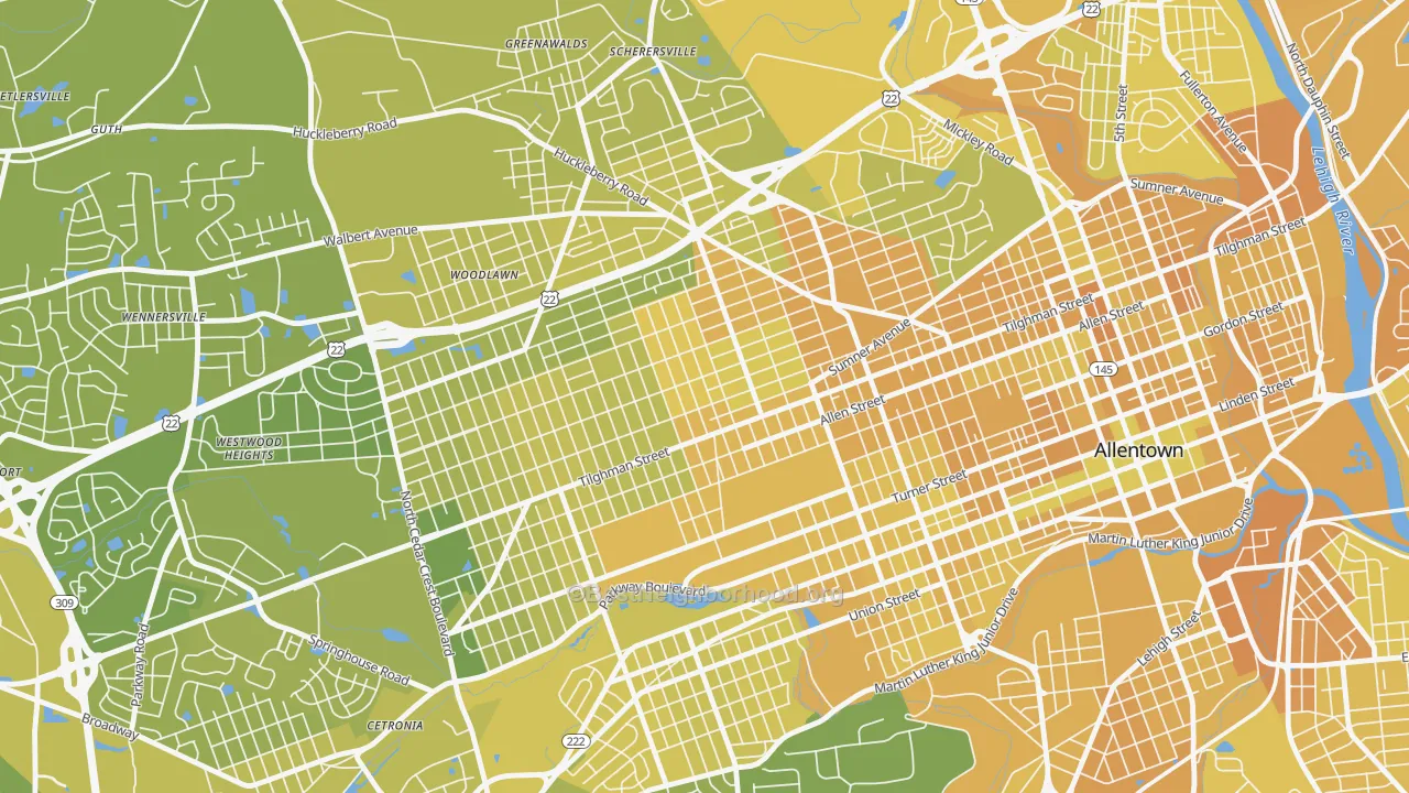 Map of the best neighborhoods in the West End Theatre District, Allentown area, with better matches in green and worse matches in red