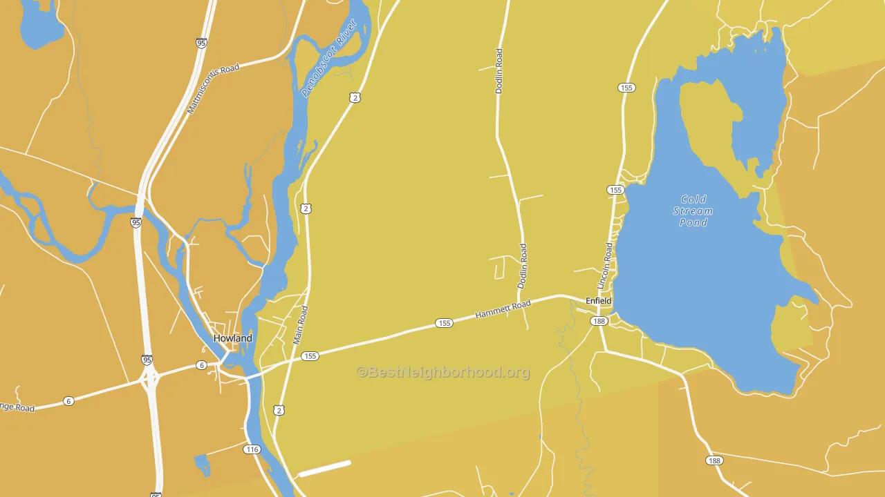 Map of the best neighborhoods in the West Enfield area, with better matches in green and worse matches in red