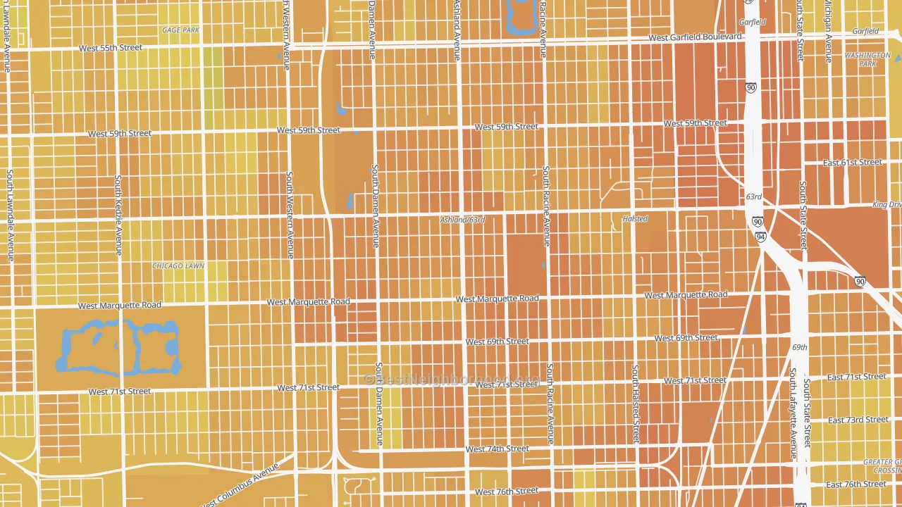 Map of the best neighborhoods in the West Englewood, Chicago area, with better matches in green and worse matches in red
