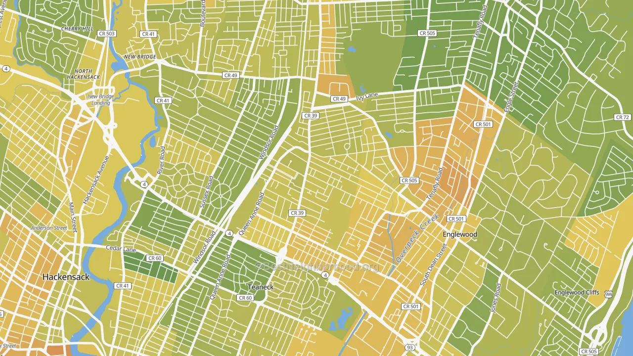Map of the best neighborhoods in the West Englewood, Teaneck area, with better matches in green and worse matches in red
