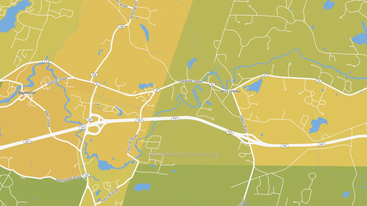 Map of the best neighborhoods in the West Epping area, with better matches in green and worse matches in red