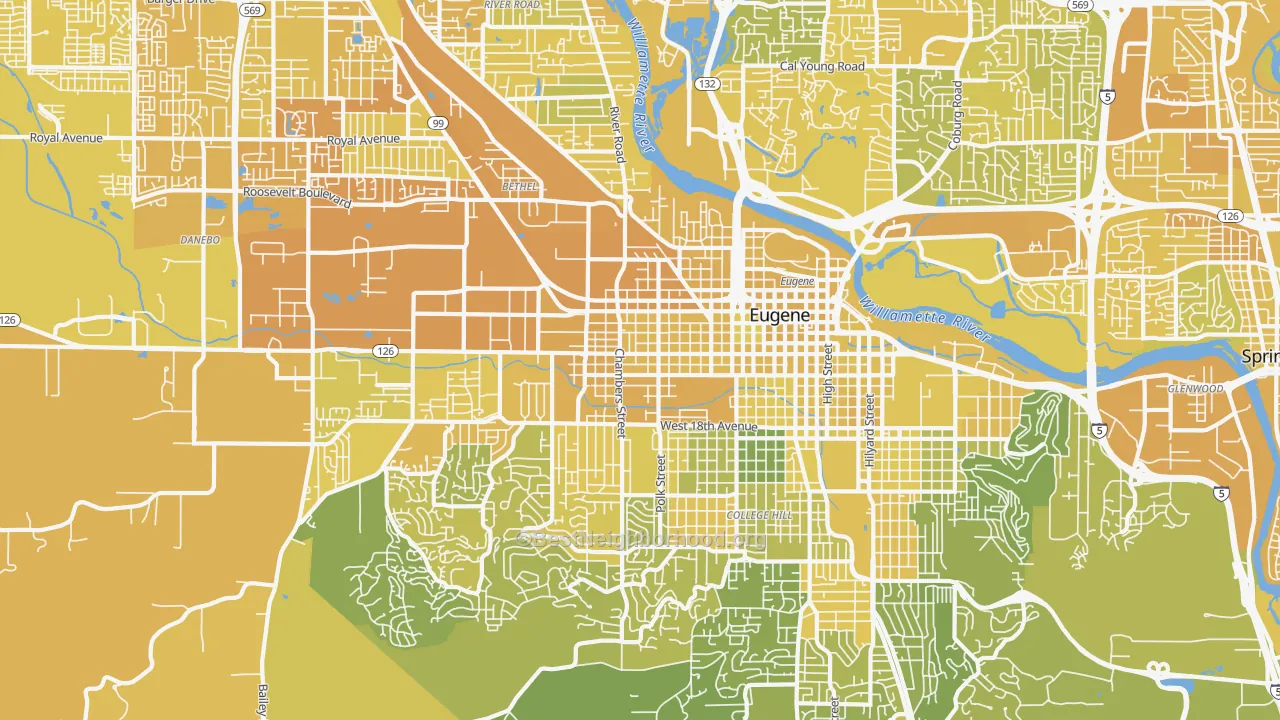 Map of the best neighborhoods in the West Eugene, Eugene area, with better matches in green and worse matches in red