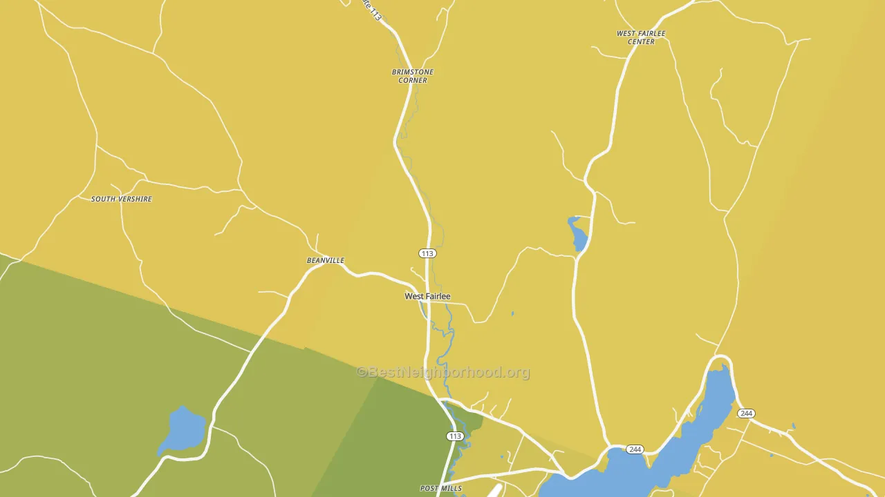 Map of the best neighborhoods in the West Fairlee area, with better matches in green and worse matches in red
