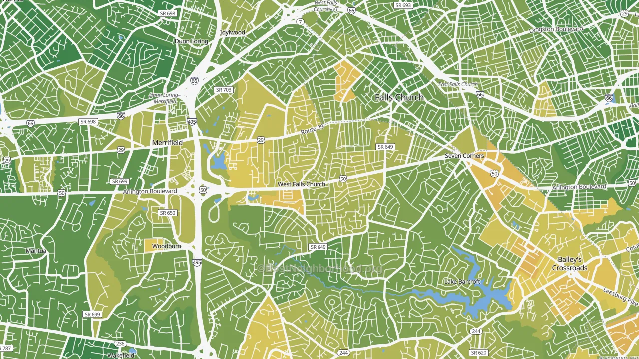 Map of the best neighborhoods in the West Falls Church area, with better matches in green and worse matches in red