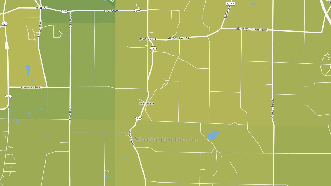 Map of the best neighborhoods in the West Falls area, with better matches in green and worse matches in red